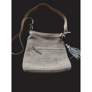 The Sak Lucia Beige Straw Color Macrame Weave Crossbody Bag Tassel  & Adj Strap